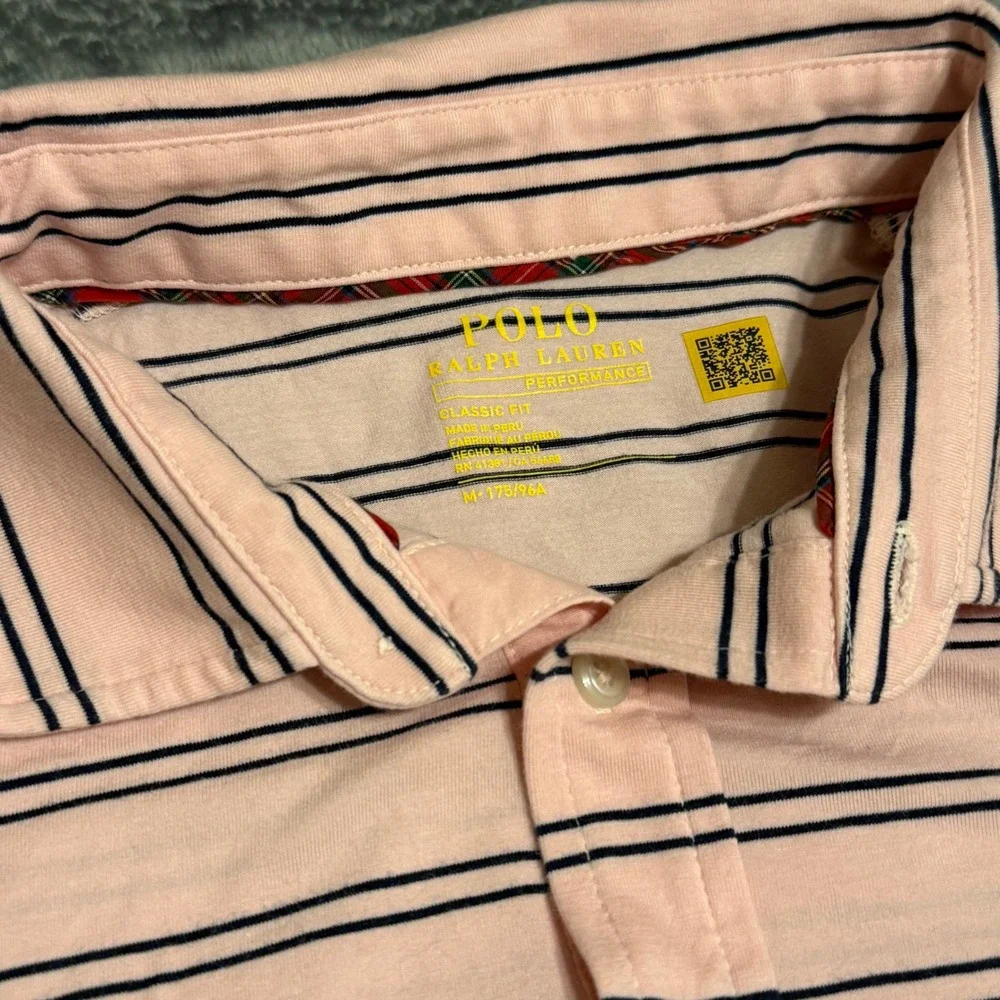 Ralph Lauren Performance Polo Shirt Pink Navy Stripe Classic Fit‎ Mens M